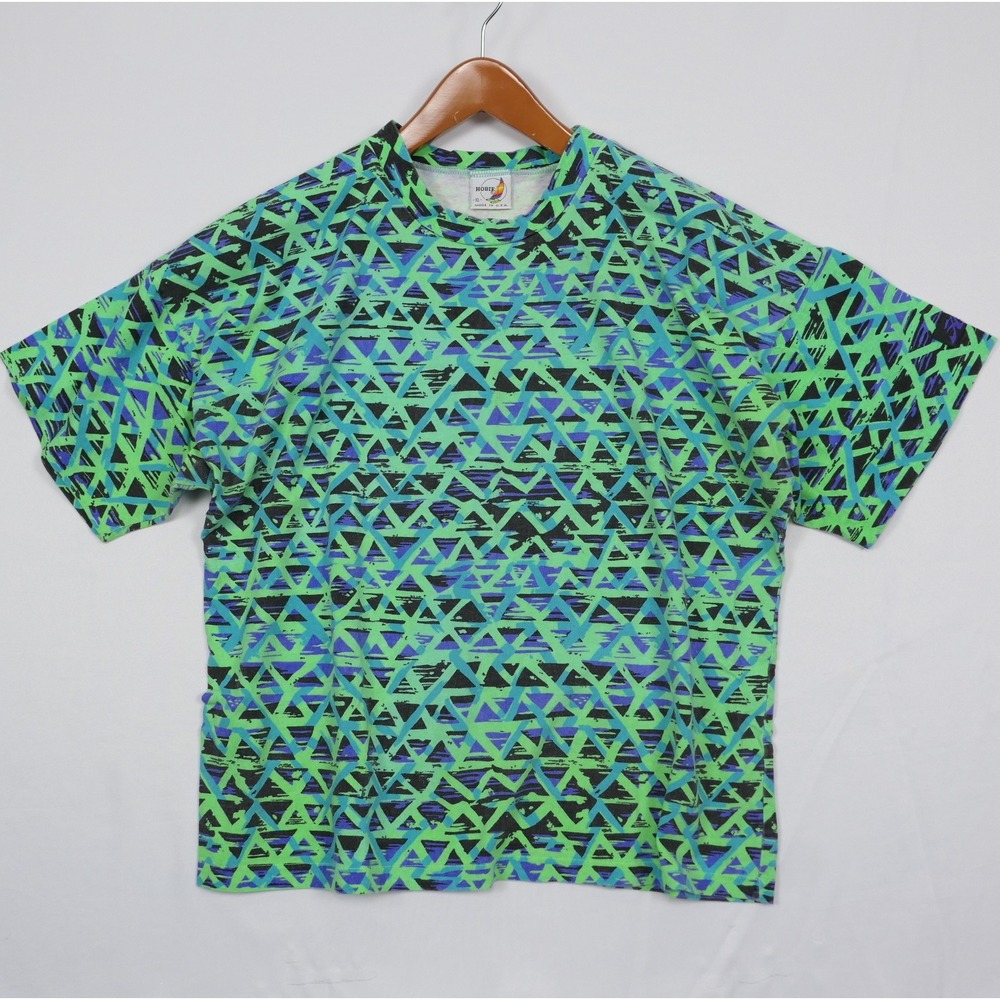 Vintage Hobie Surfer Tshirt XL Made in USA Neon Geometric AOP 90s Wild Skater